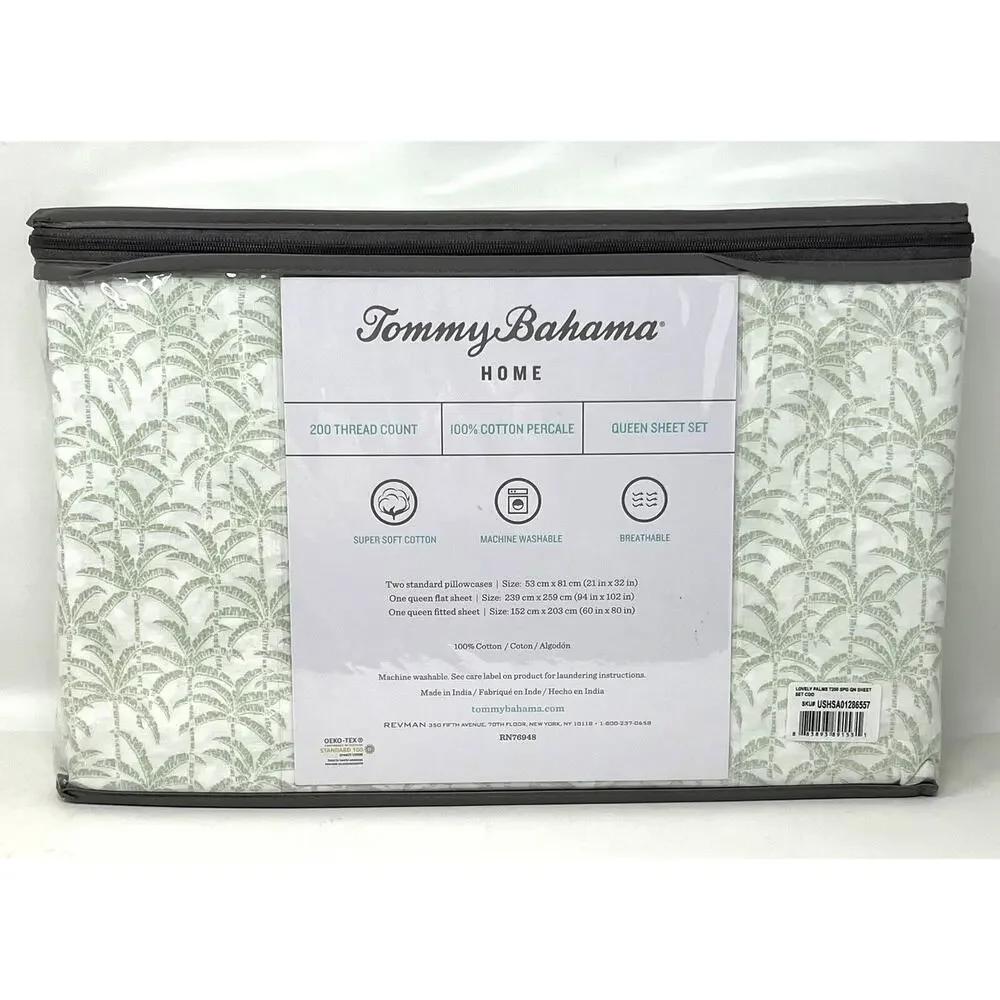 Tommy Bahama Lovely Palms Queen Sheet Set Spring Green All Cotton Percale NIP - Picture 6 of 9